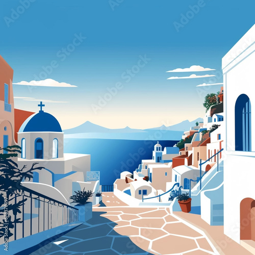 copy space, simple vector illustration, simple colors, santorini, greece. World famous Greece Island in the Mediterranean sea. Must-see place in Europe. Beautiful travel destination. Design for advert
