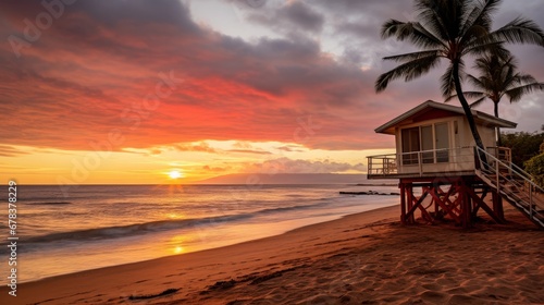 A beautiful sunset unfolds in South Kihei at Kamaole 3, with the lifeguard shack in the foreground, creating a picturesque scene.