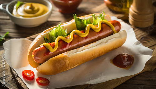 hot dog, of the perfectly grilled sausage, fresh toppings, ketchup , mustard closeup