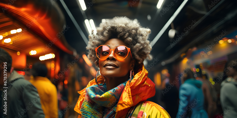 Fashionable african american woman with afro hairstyle wearing sunglasses in the city. ia generated