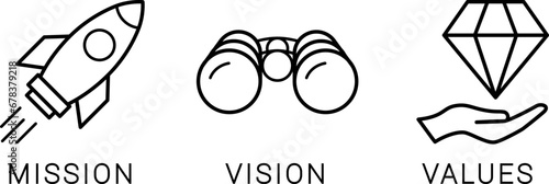 Mission, vision and values icons. Web page template for design