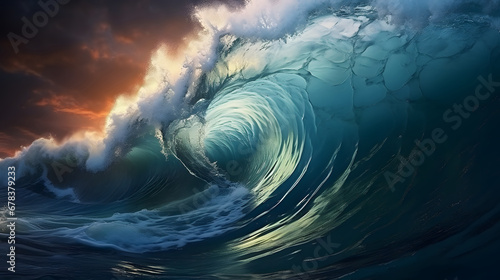 A big wave in the ocean. Tsunami. Water blue background. Sea wave. View from inside. © MaskaRad