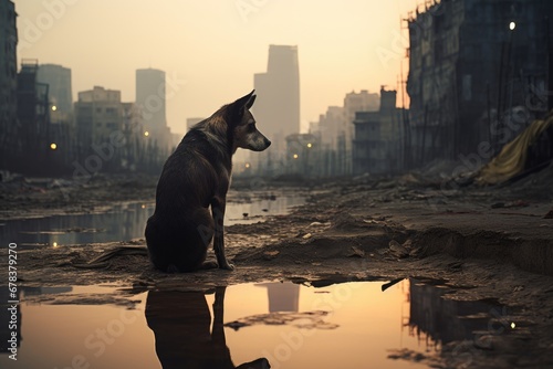 An abandoned dog sitting in a puddle of water in front of a devastated city skyline. photo