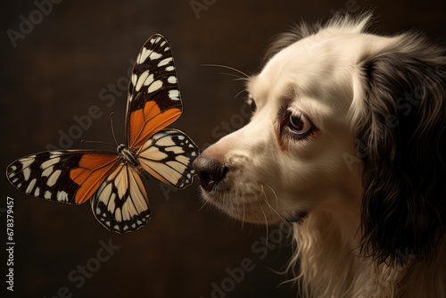 A curious dog marvels at an orange and black butterfly. photo