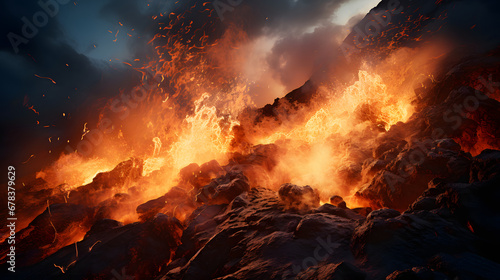 volcanic eruption  streams of incandescent lava flow down the slope. fire magma.
