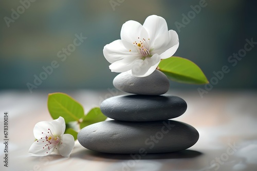 Spa and yoga stones with flowers   White orchid and black stones close up.