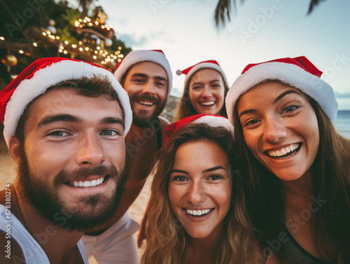 multinational friends celebrating new year at tropics beach taking funny selfies wearing Santa Claus hats
