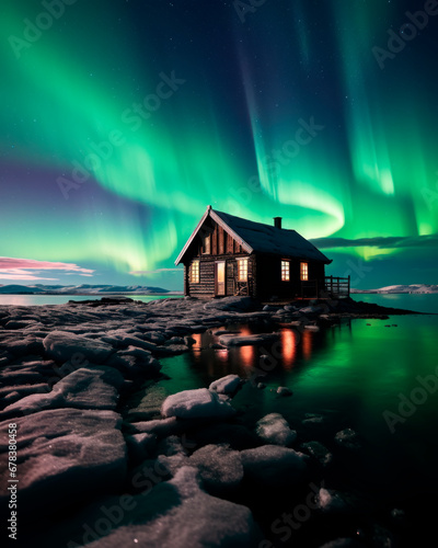 house in the mountains with northern lights © Cecilia