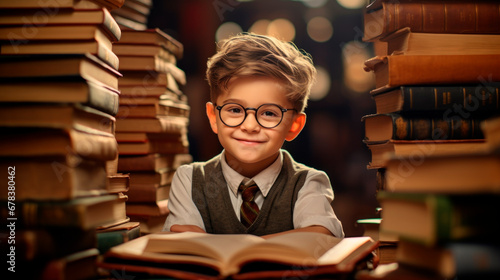 studious boy among books
