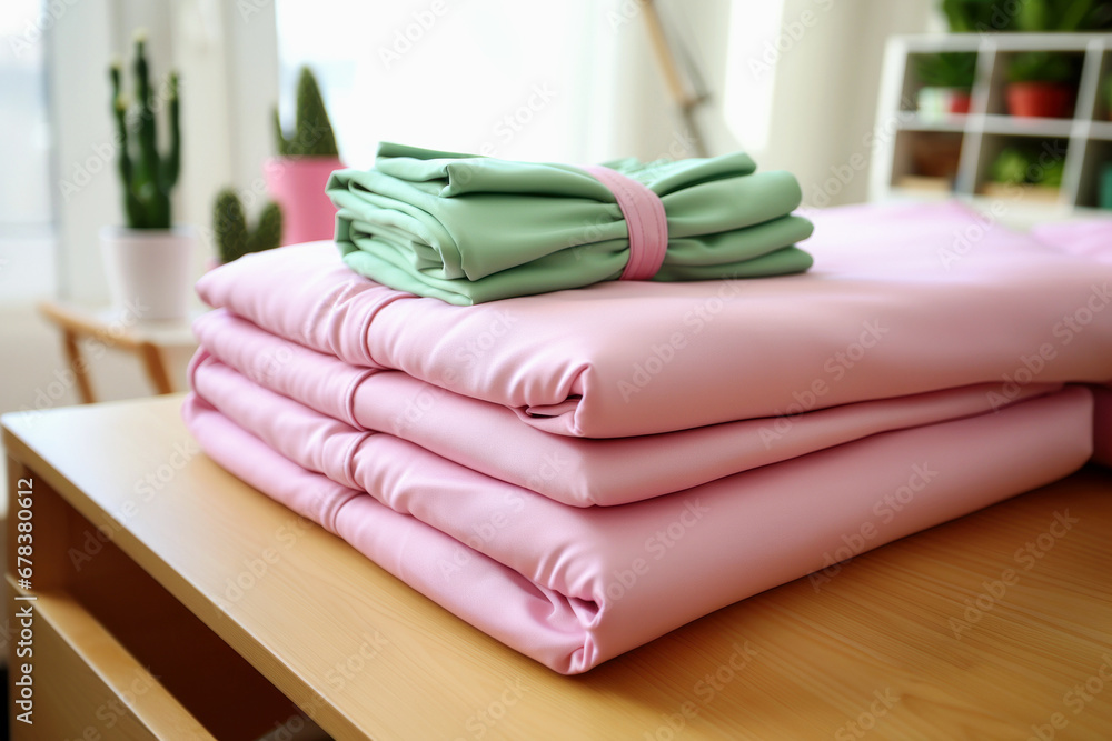 Obraz na plátně folded bed linen in pastel colors on the table in the living room