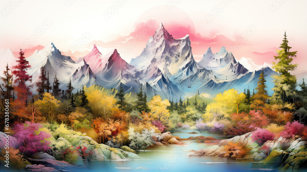 Colorful mountain wilderness AI generative	