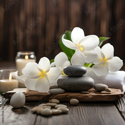 Spa and yoga stones with flowers   White orchid and black stones close up.