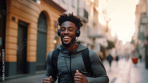 Back smiling young man doing a morning jog in the city wearing headphones, generative ai