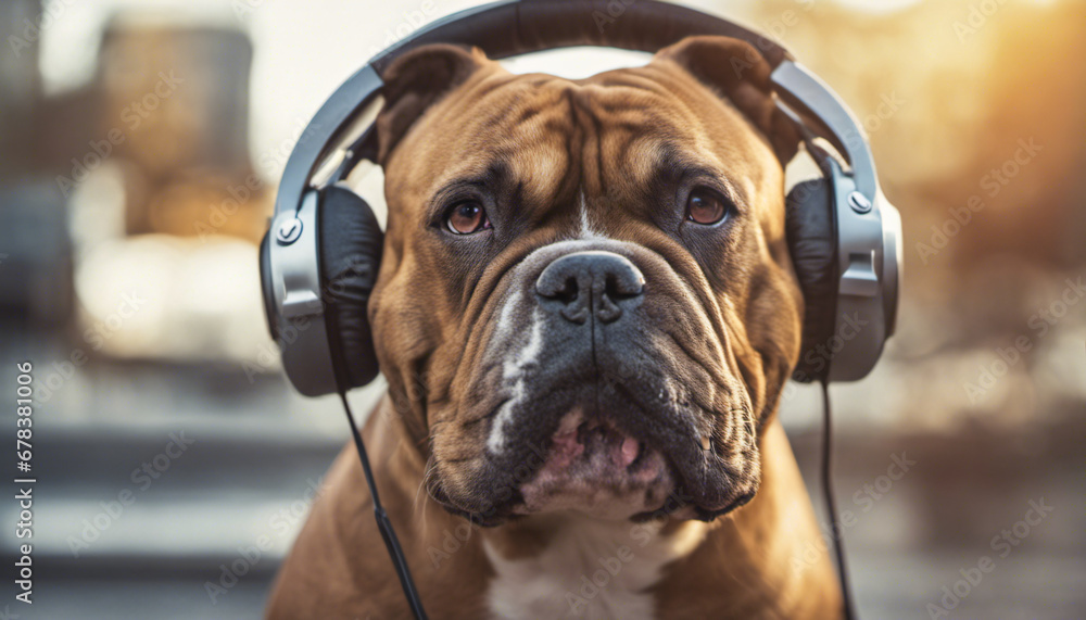 english bulldog with headphones portrait