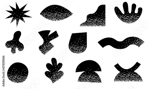 Collection of abstract graphic shapes with noisy gradient effect. Dark shapes and objects. Elements of minimalism in style of modern art