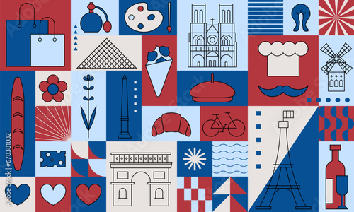 Welcome to France romance set. Popular French landmarks, food and attractions. Paris vector illustration. Famous french city tourist symbols collection