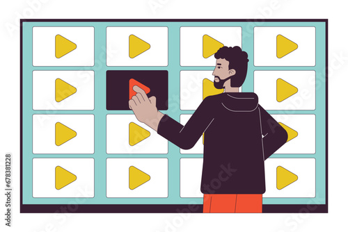 Black man choosing video on demand 2D linear cartoon character. African american bearded man isolated line vector person white background. Switching channels on tv color flat spot illustration
