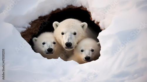 Polar Bears, Mother and Cubs Emerging From Den