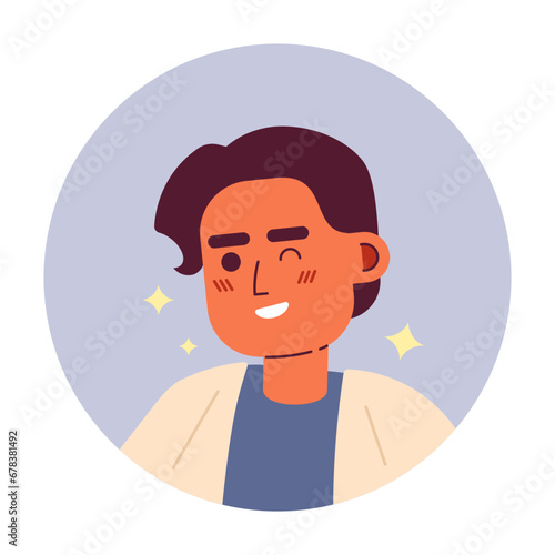 Confident arabic adult man winking smiling 2D vector avatar illustration. Middle eastern guy sparkling cartoon character face portrait. Friendly flirty flat color user profile image isolated on white