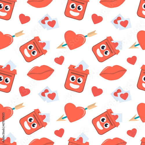 valentines day elements pattern. cartoon romantic love 14 February party celebration, hearts lips love sweets letters envelope ring gift boxes. vector cartoon minimalistic flat seamless pattern