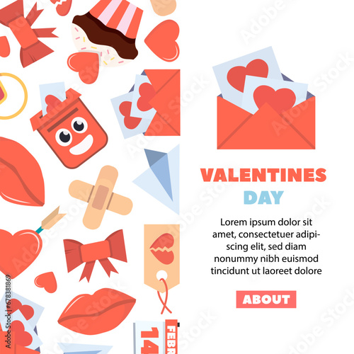 valentines day elements background. hearts lips love sweets letters envelope ring gift boxes, cartoon romantic love 14 February party celebration. vector cartoon minimalistic flat vertical background.