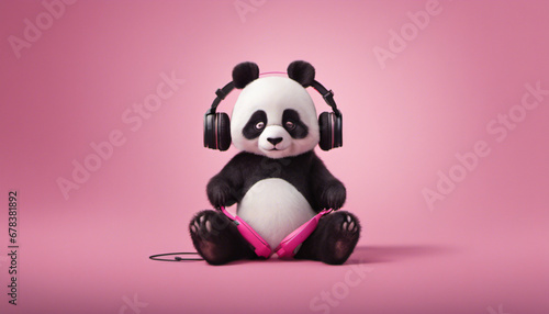 cute panda with headphones on pink background © The A.I Studio