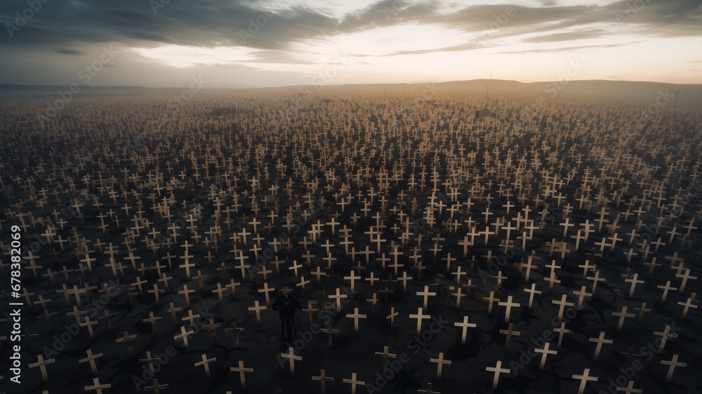 a cemetery from a drone's perspective, revealing millions of crosses extending for miles, the profound nature of remembrance and honor in this aerial view.