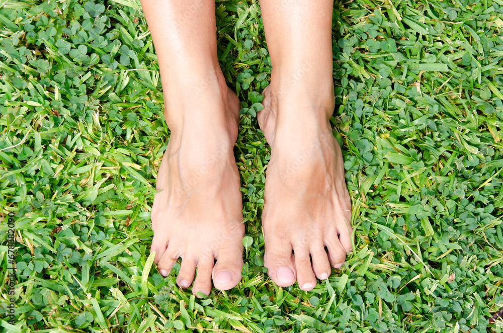  woman's bare feet on green grass.