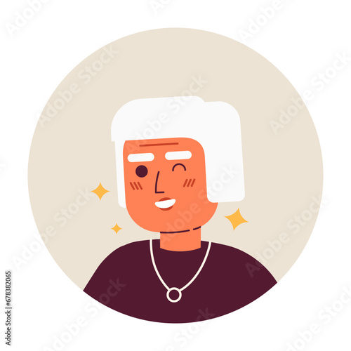 Fashionable elderly lady winking expression 2D vector avatar illustration. Sparkle caucasian senior woman cartoon character face portrait. Confident flat color user profile image isolated on white