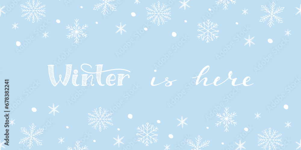 Winter snowy holiday background with copy space. White doodle hand drawn snowflakes frame on a blue background. Christmas vector illustration Winter snowy holiday background with copy space. White doodle hand drawn snowflakes frame on a blue background. Christmas vector illustration