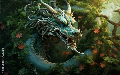 An Eastern dragon with scaly armor, gracefully winding among trees and vines, representing the harmony of nature.