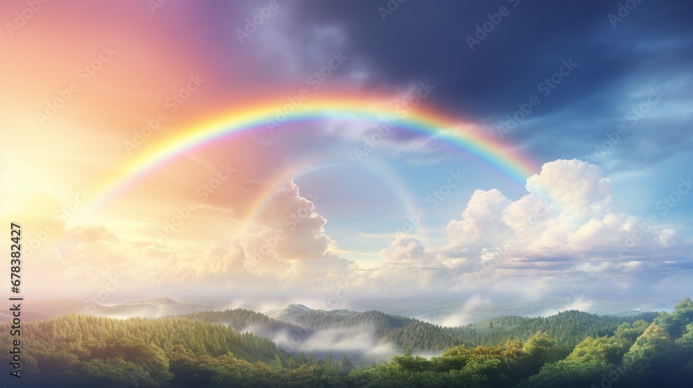 In this realistic 3D render, a rainbow stretches across the sky after a passing storm, its vibrant colors creating a moment of awe and wonder