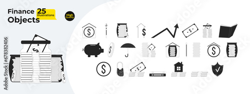 Finances money black and white 2D line cartoon objects bundle. Dollar coins, banknotes isolated vector outline items pack. Expenses profits saving monochromatic flat spot illustration collection