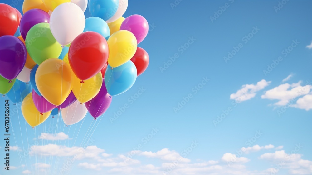 This 3D-rendered image showcases a group of colorful balloons soaring in a clear blue sky, symbolizing pure happiness
