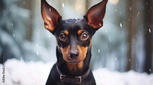 Cute pinscher dog in a winter forest during a blizzar snow all around a Christmas card. Generative AI © AdlerTorres
