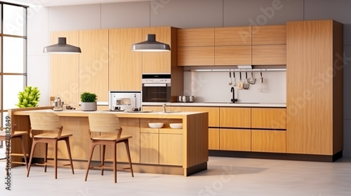 Modern kitchen interior design with wooden kitchen set smooth handle less cabinets. generative ai © Witri