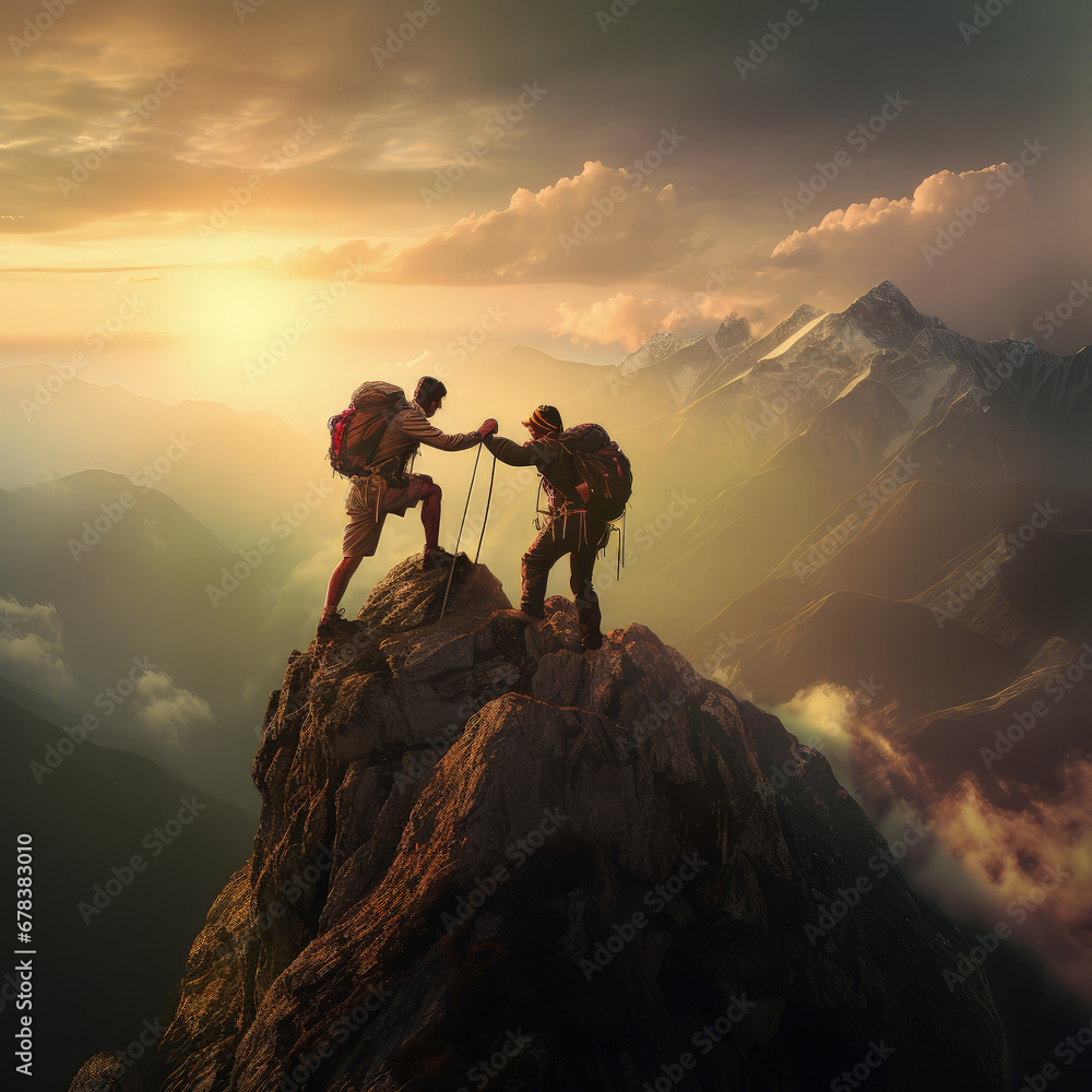 Mountain Brotherhood: Two hikers on the summit with a backdrop of rising sun Mountain Brotherhood: Two hikers on the summit with a backdrop of rising sun