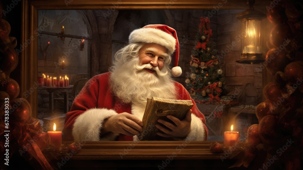 Santa Claus holding an empty frame, ready to capture the joy of the season, the magical atmosphere and the potential for personalized messages within the frame.