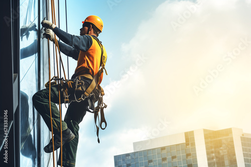 Industrial mountaineer hanging on ropes cleaning windows of a multistory building. Maintenance services man at work concept