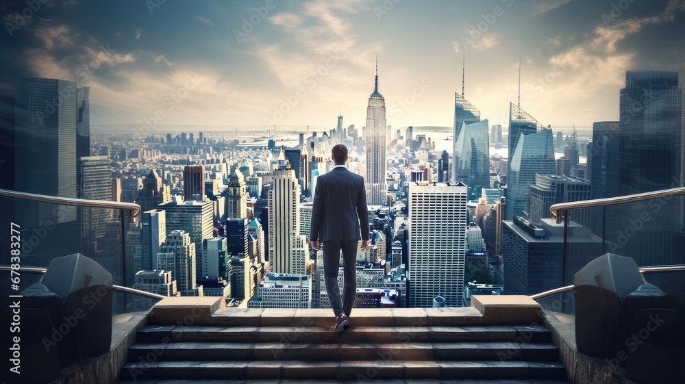 Fototapeta premium a professional in a sharp suit, carrying a briefcase, ascending the steps toward towering skyscrapers, the ambition and determination associated with corporate success.