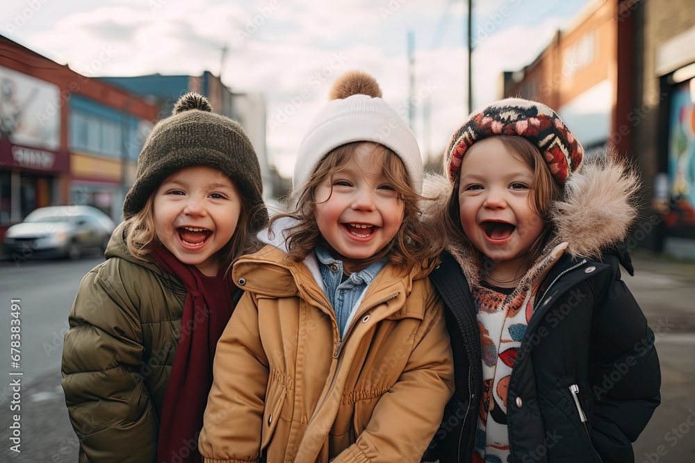 happy three kids wearing winter or autumn outfit wool cap and jacket smiling with happiness walking together on street town, childhood friend, 