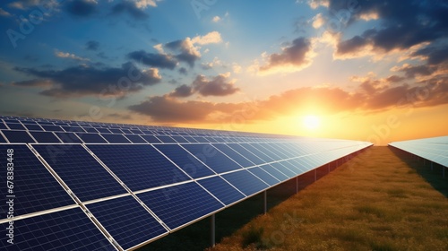 View of a long line of solar panels at sunset.