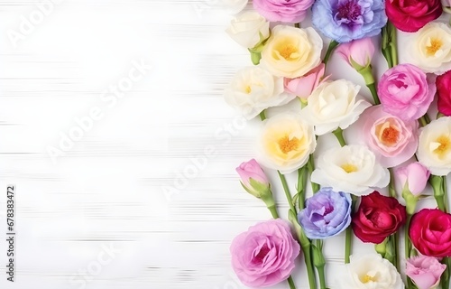 colorful Eustoma flowers on white wooden table soft light