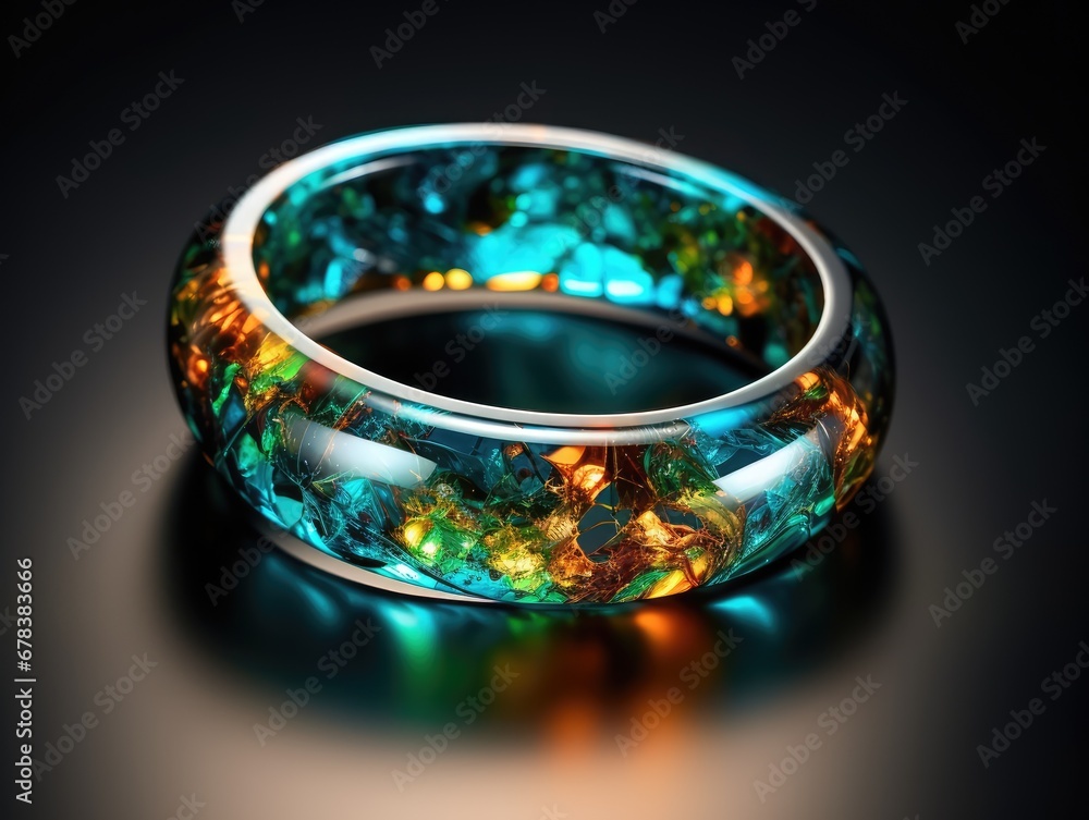 Color Ring with Transparent Crystal and Red Patterns Made of Resin, Handmade Bijouterie Color Ring with Transparent Crystal and Red Patterns Made of Resin, Handmade Bijouterie
