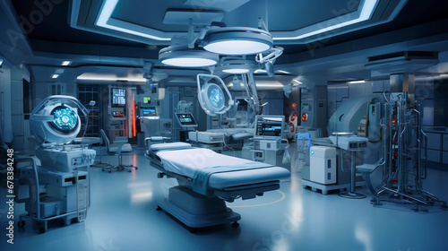 Advanced operating room with lots of equipment for surgical specialists. photo