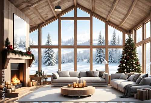 Modern living room Christmas design. Christmas living room. Cozy and Warm Christmas Feeling. Christmas Fireplace. Christmas Interior. Generative AI.  © Janis