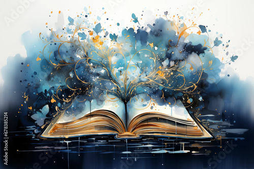 Open book with magical blue gold effects in watercolor style photo