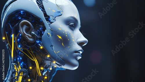AI Artificial Intelligence concept. Woman robot face with brain of digital technology for deep learning  Machine learning and Singularity.