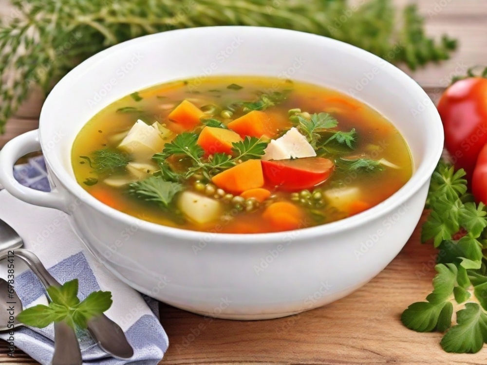 Vegetable soup with parsley in a bowl on a wooden table Vegetable soup with parsley in a bowl on a wooden table