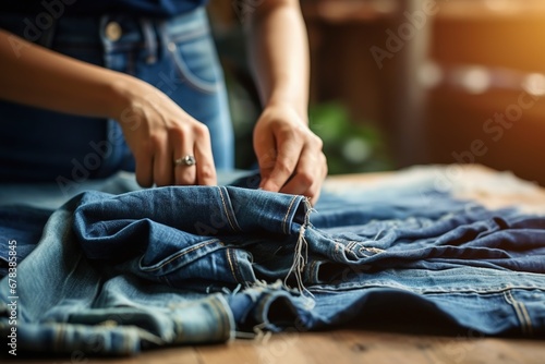 Woman hands reusing old jeans. photo